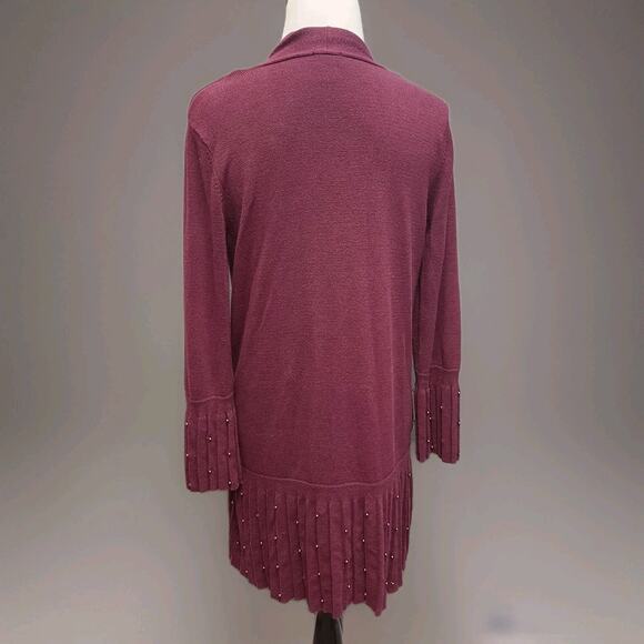 Chico’s Open Front Cardigan Sweater Pleated Hem Embellished Burgundy Wine Small - Picture 3 of 11